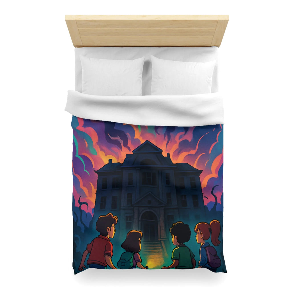 Housse de couette colorée avec maison hantée et nuages effrayants pour chambre inspirée