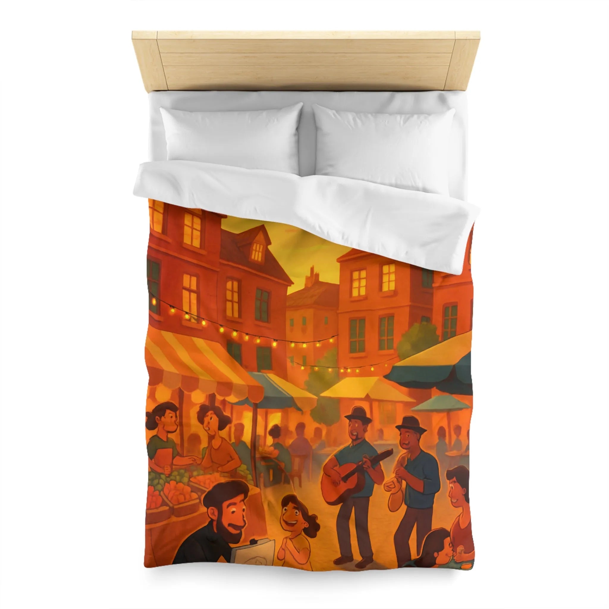 Housse de couette avec illustration de marché animé au coucher de soleil vibrant