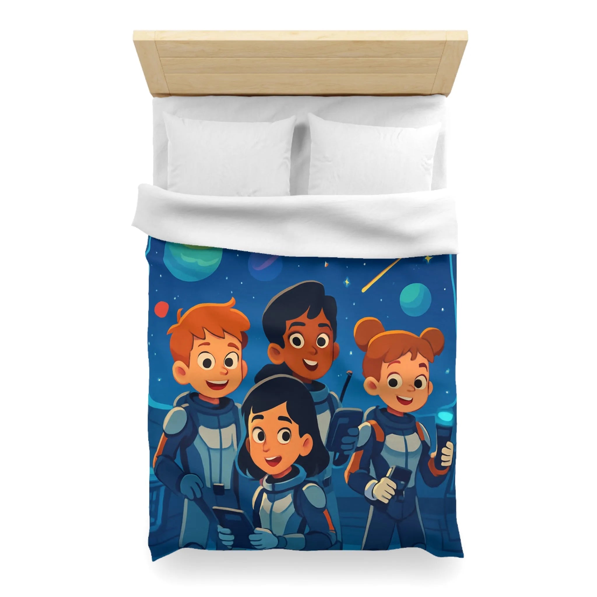 Housse de couette enfant en exploration spatiale avec planètes colorées et jeunes astronautes