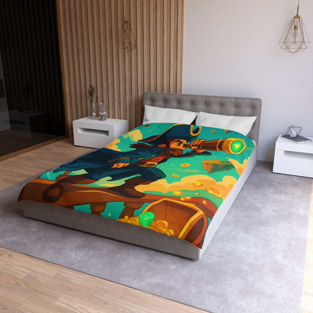 Housse de couette pirate vibrant bleu avec trésor doré et nuages flottants