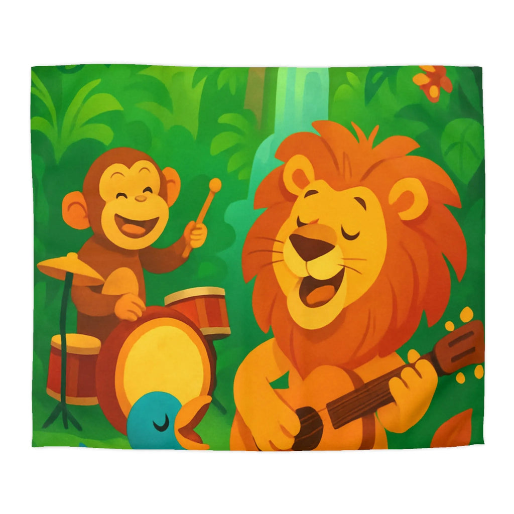 Housse de couette jungle colorée avec lion, singe, et oiseau musiciens joyeux