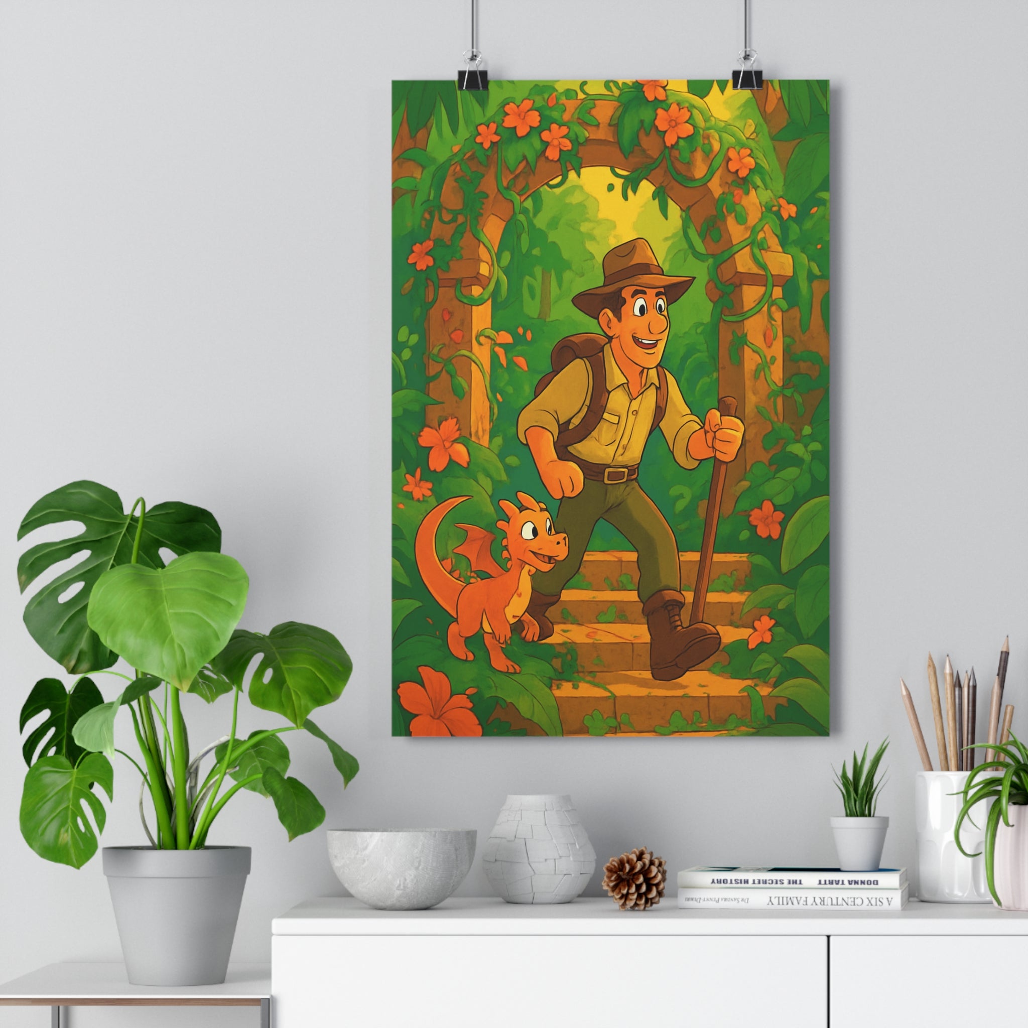 Poster décoratif aventure jungle cartoon vert orange enfant chambre exotique joyeux explorateur dragon murale