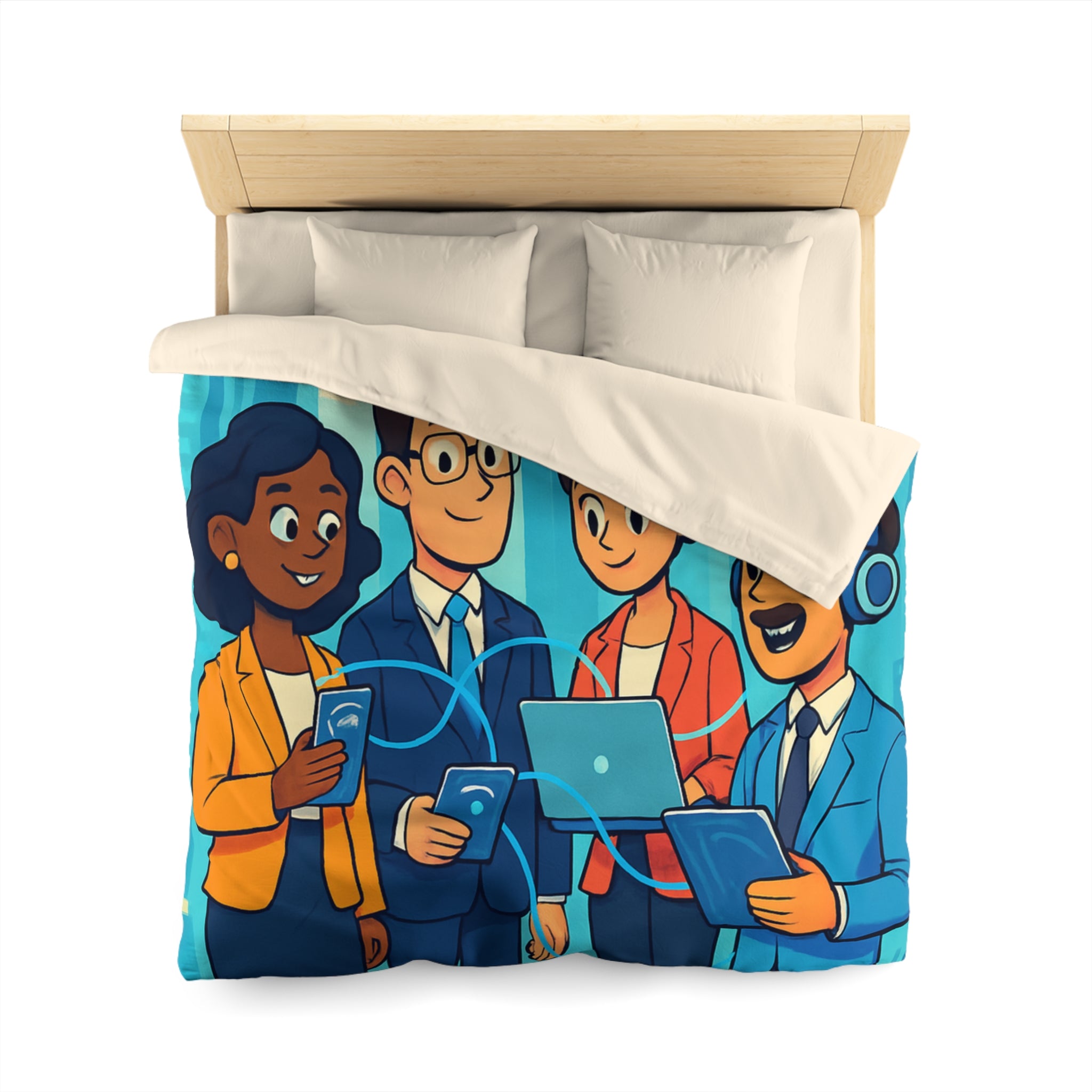 Housse de couette moderne illustrant équipe collaborative en milieu urbain technologique