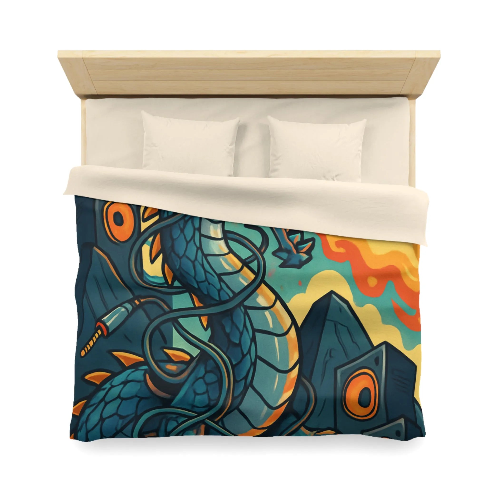 Housse de couette avec dragon fantaisie émettant flammes et musique vibrante rétro