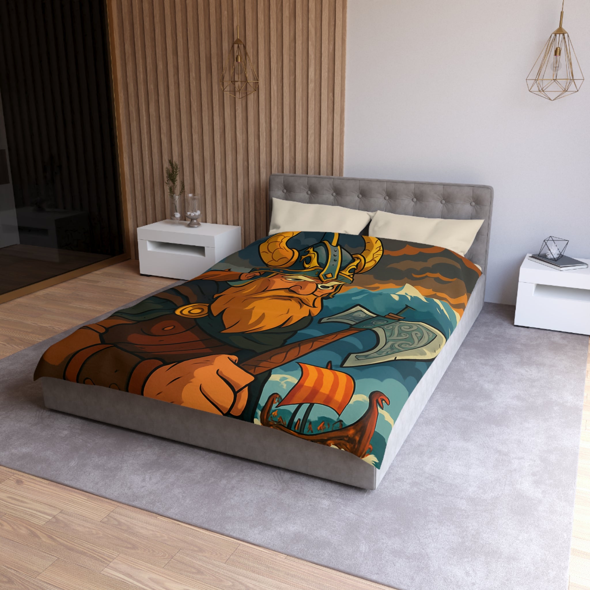 Housse de couette Viking féroce, paysage nordique et drakkar, ambiance mythique captivante