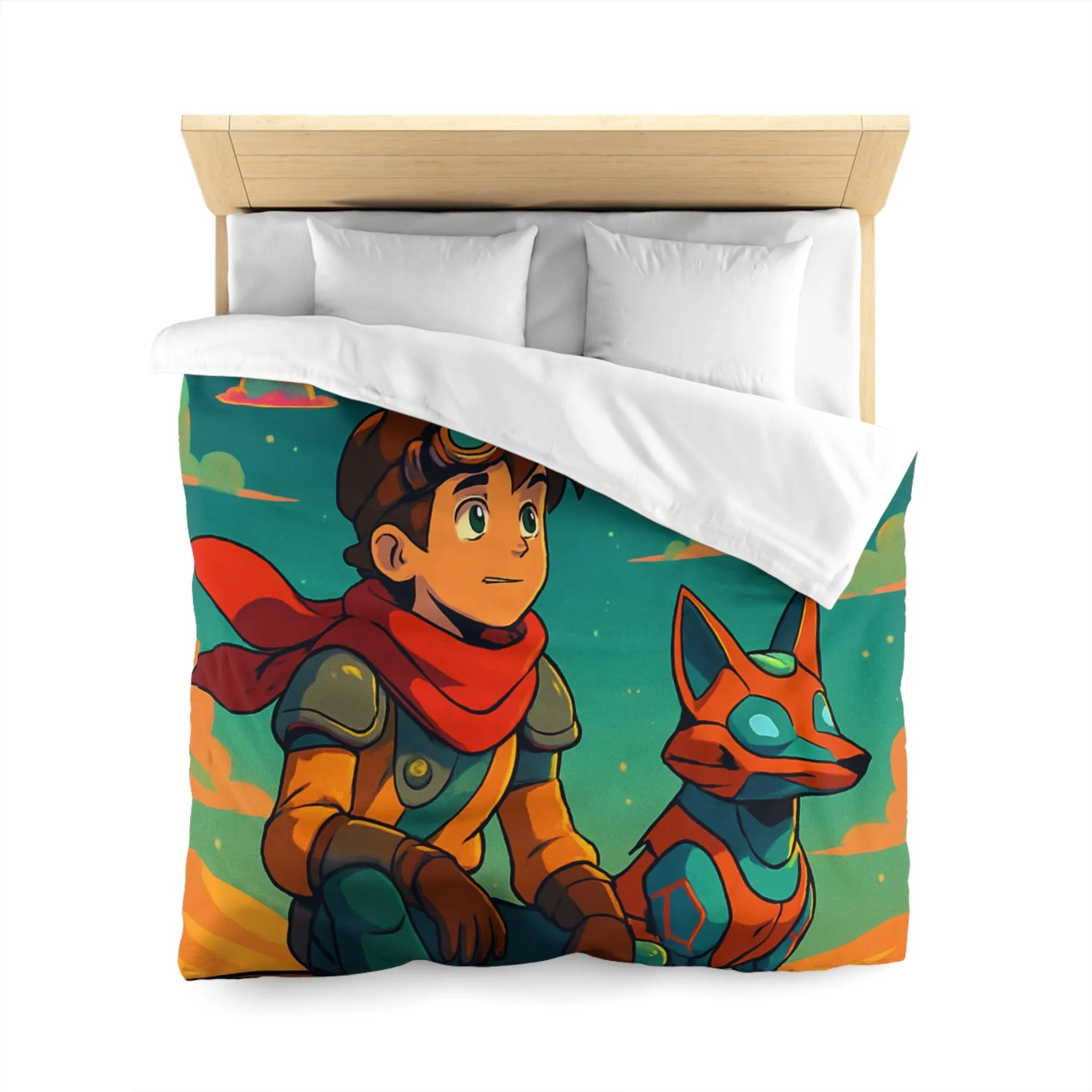 Housse de couette avec illustration colorée de personnage animé et chien robot sous ciel étoilé