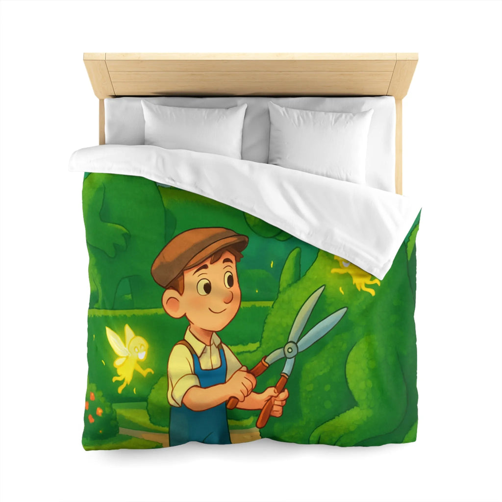 Housse de couette enfant dragon féérique avec jardin, verdure et ambiance magique naturelle