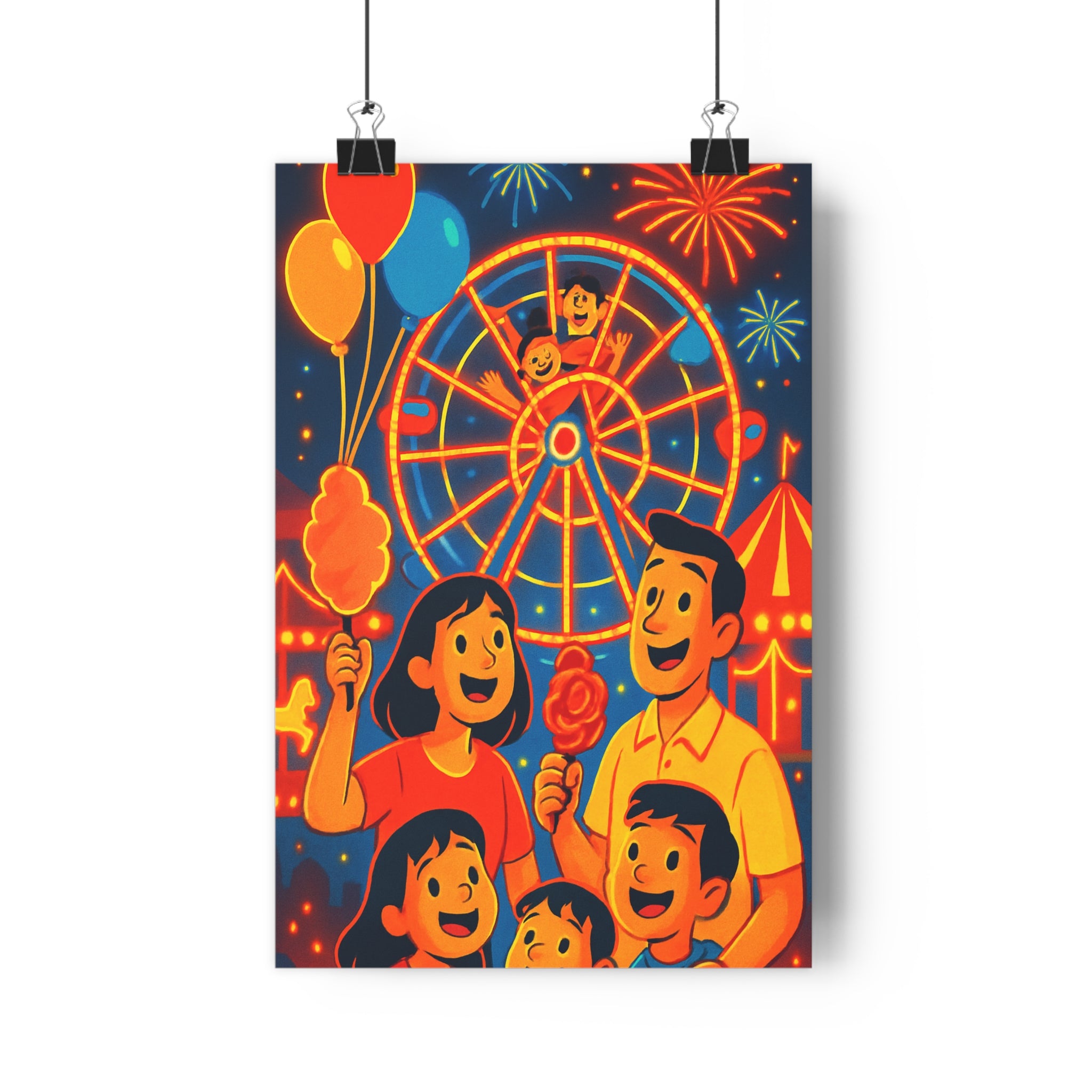 Poster décoratif fête foraine joyeuse famille enfants chambre ambiance lumineuse rouge jaune bleu qualité