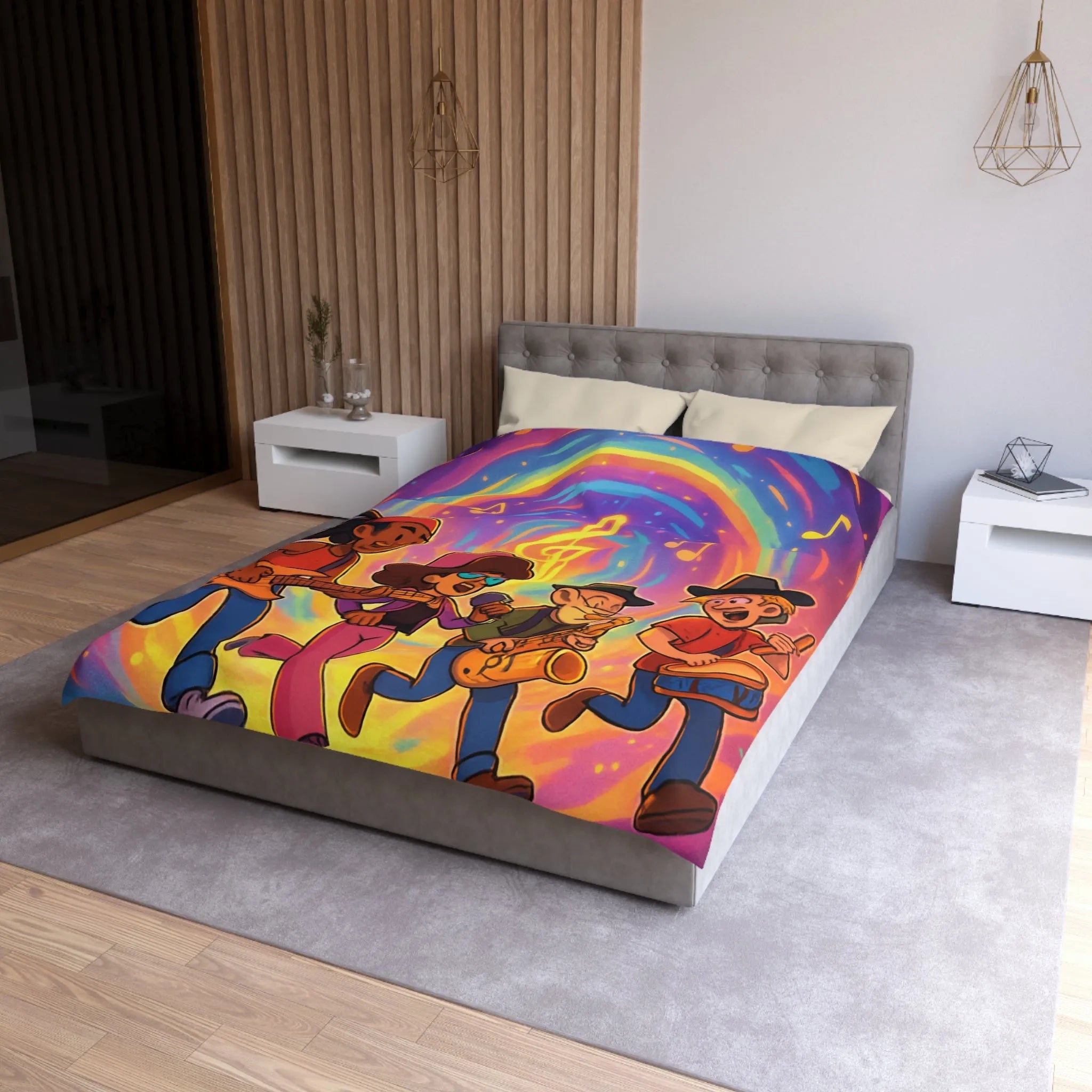 Housse de couette animée avec quatre musiciens et notes colorées en spirale lumineuse