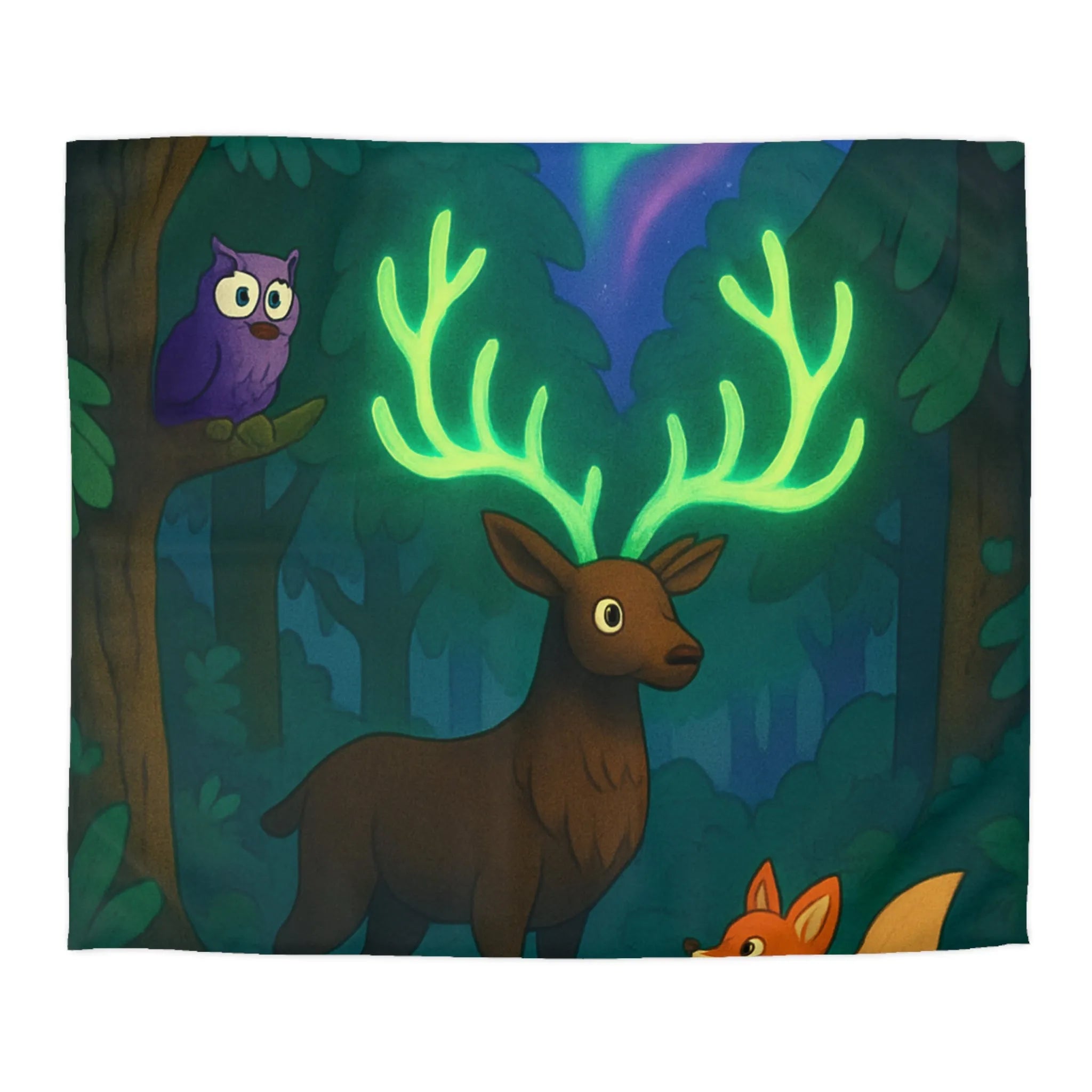 Housse de couette forêt magique avec cerf lumineux, renard et chouette colorée