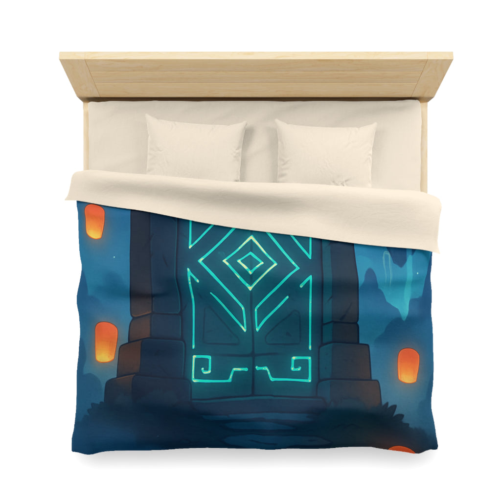 Housse de couette mystérieuse avec portail magique et lanternes flottantes sous ciel étoilé