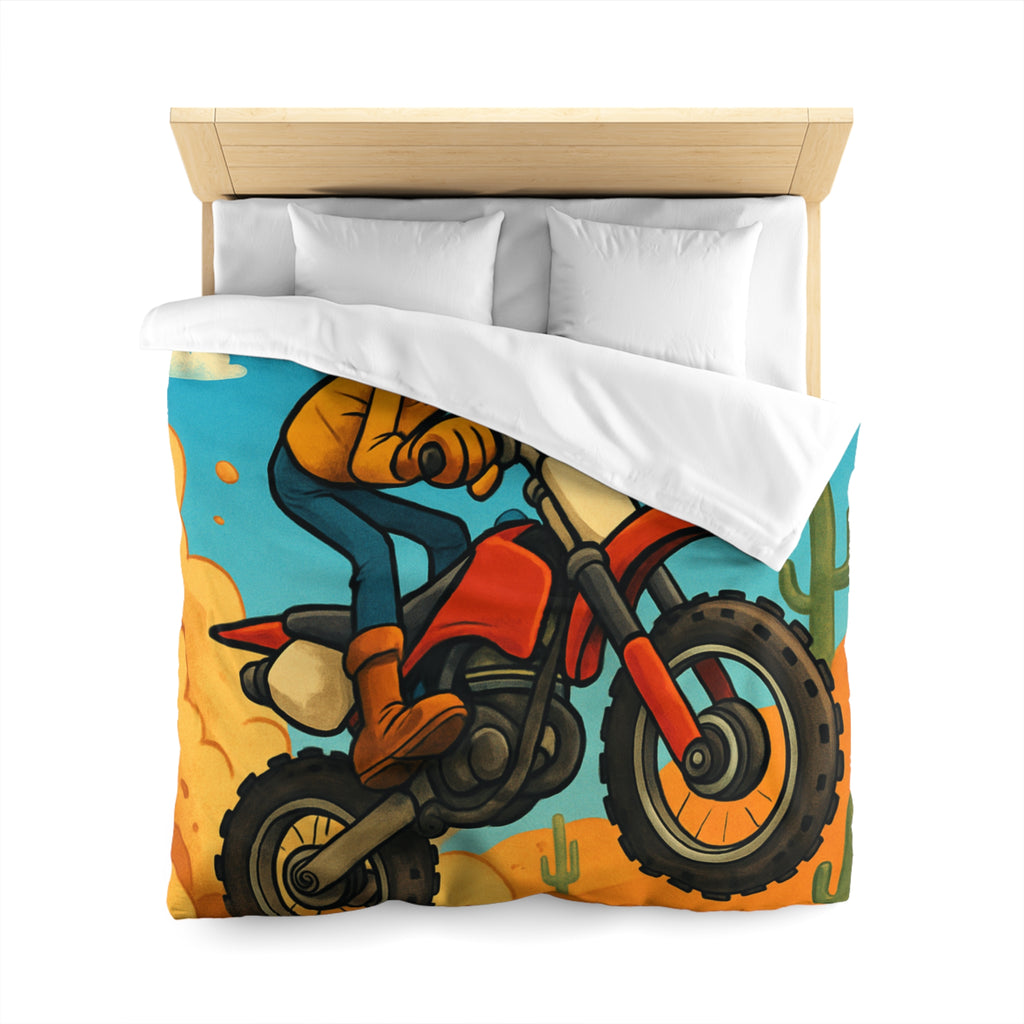 Motard animé sur motocross sautant à travers désert coloré avec cactus et nuages