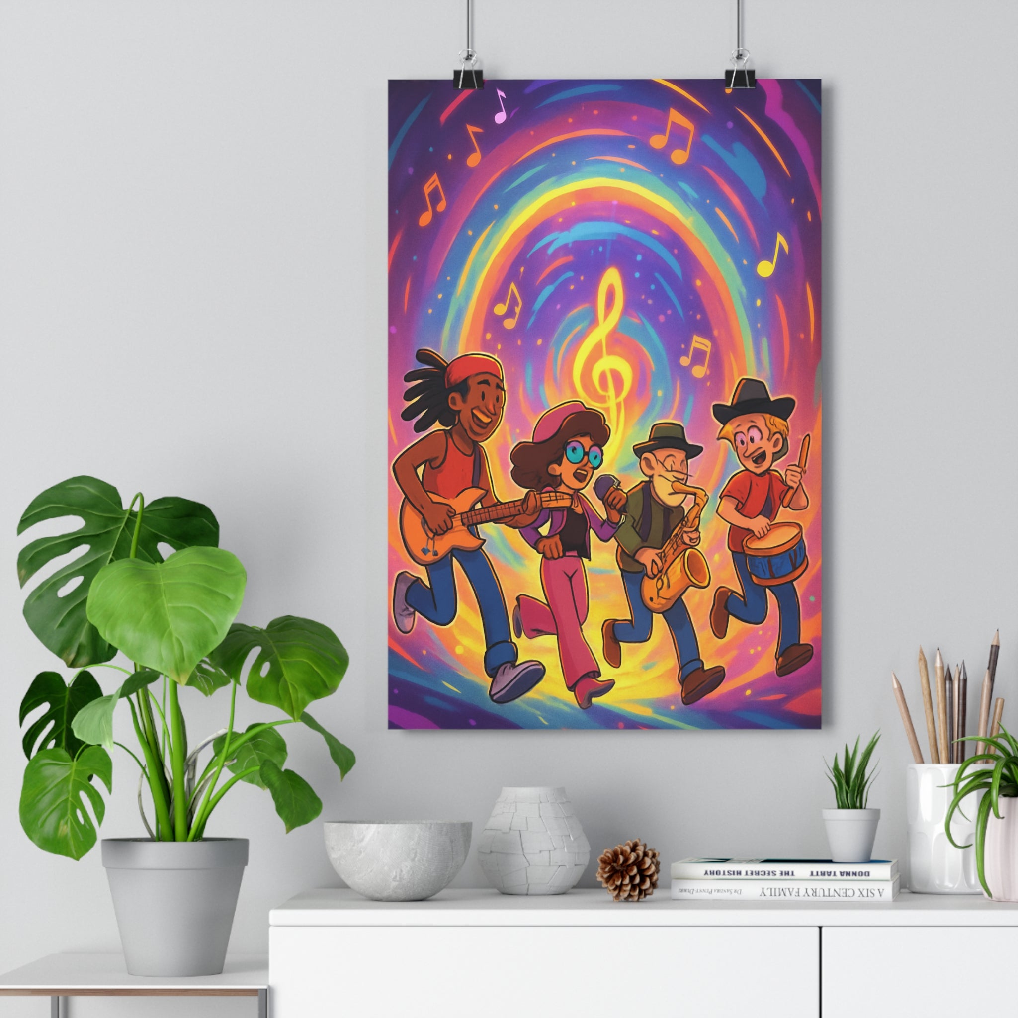 Poster décoratif fantaisie animé coloré joyeux musicien guitare chant saxophone batterie salon chambre qualité