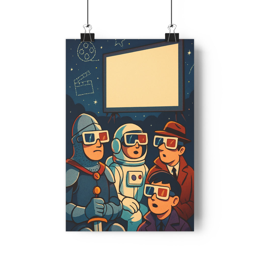 Poster décoratif cinématographique rétro bleu marron épique salon chevalier astronaute spectacle scène unique ambiance