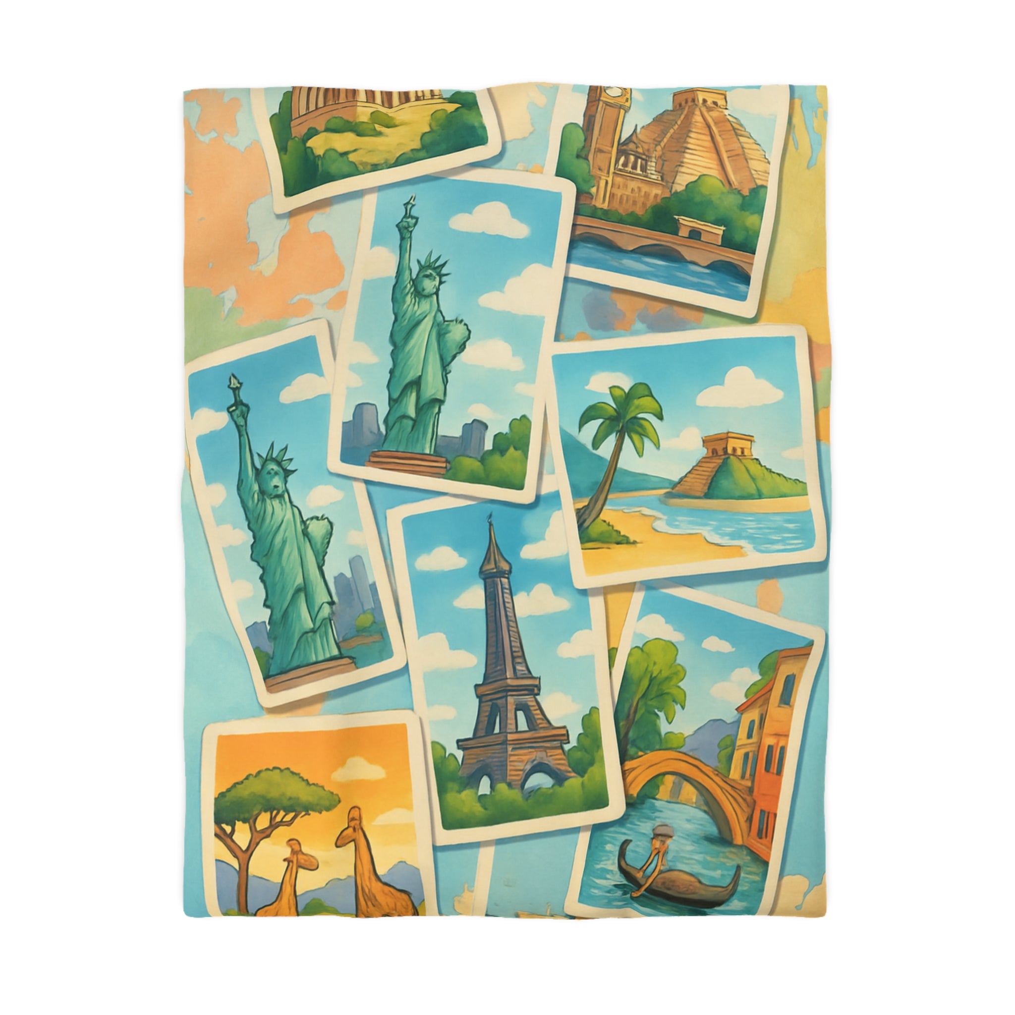Voyage Mondial Coloré: Housse de Couette avec Monuments et Paysages Iconiques des Continents