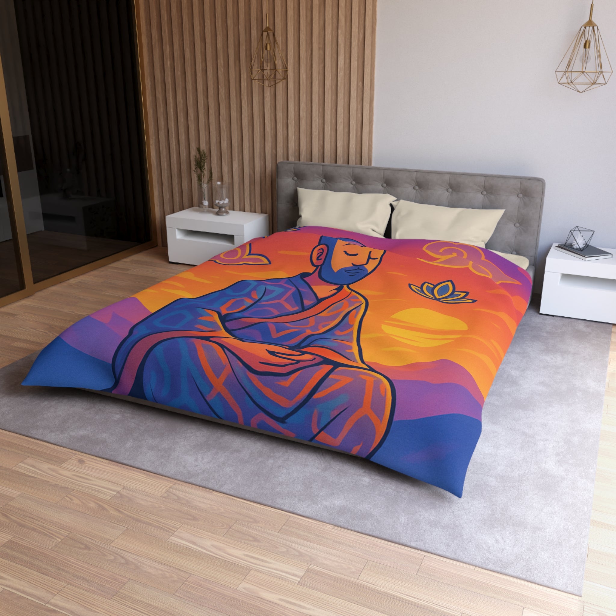 Housse de Couette Zen Moine Méditant au Coucher de Soleil Avec Fleurs de Lotus