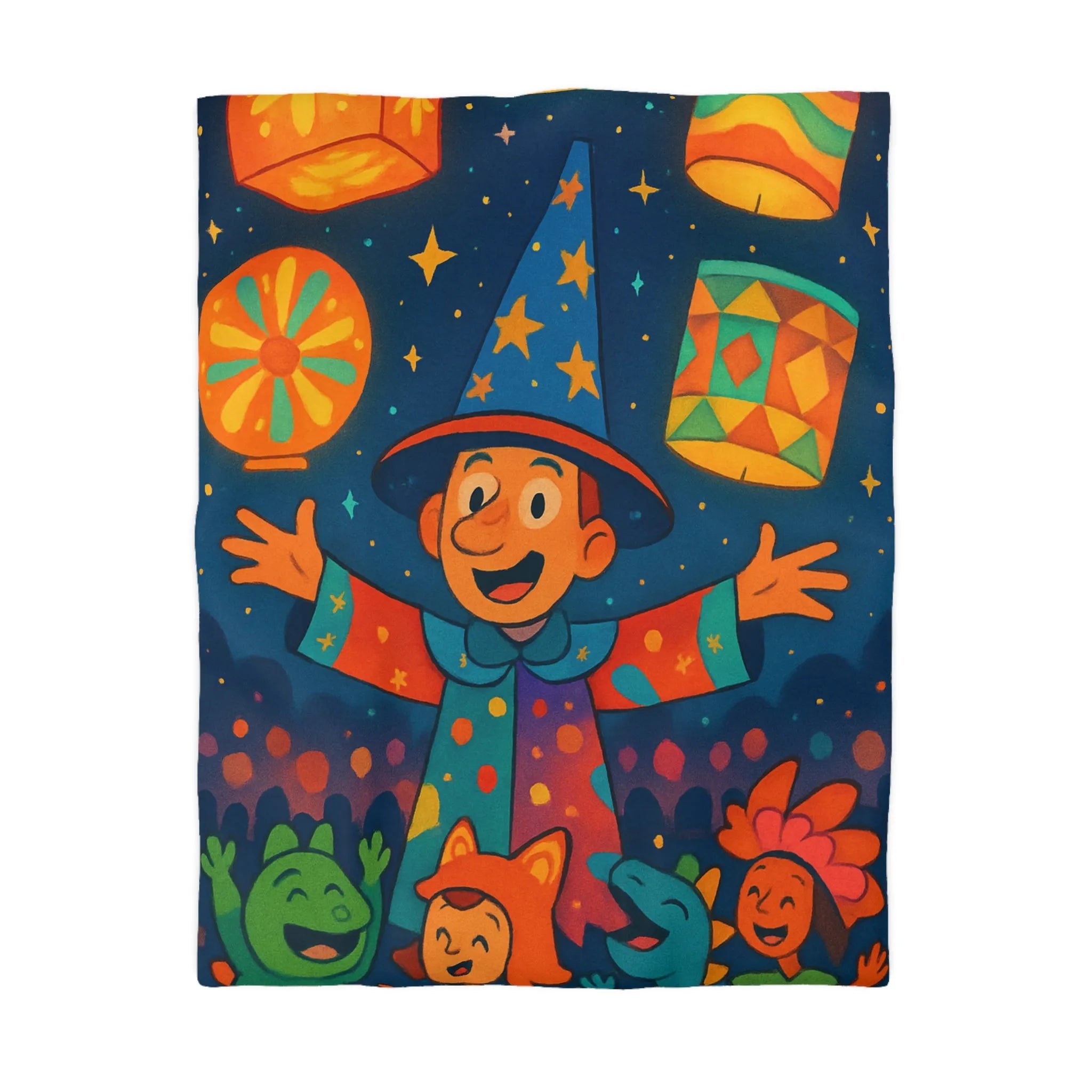 Housse de couette enfant au design magique de lanternes colorées et personnages joyeux