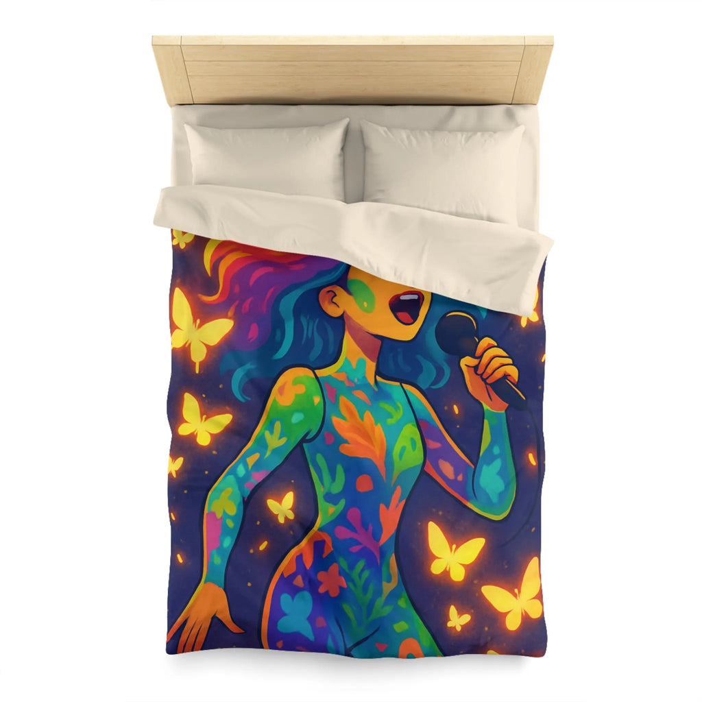 Housse de Couette Colorée : Artiste Chantant Entourée de Papillons Lumineux et Vibrants