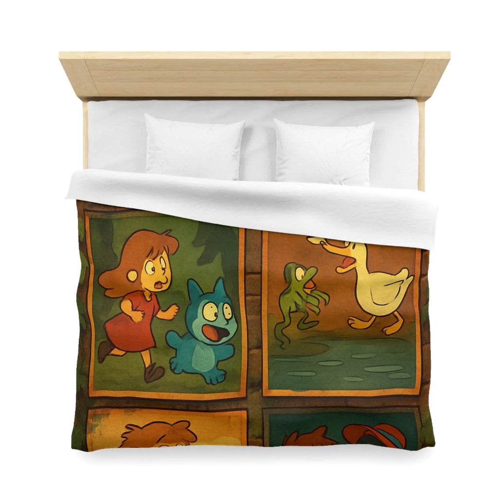 Housse de couette illustrée de scènes animées animalières et humaines ludiques et colorées