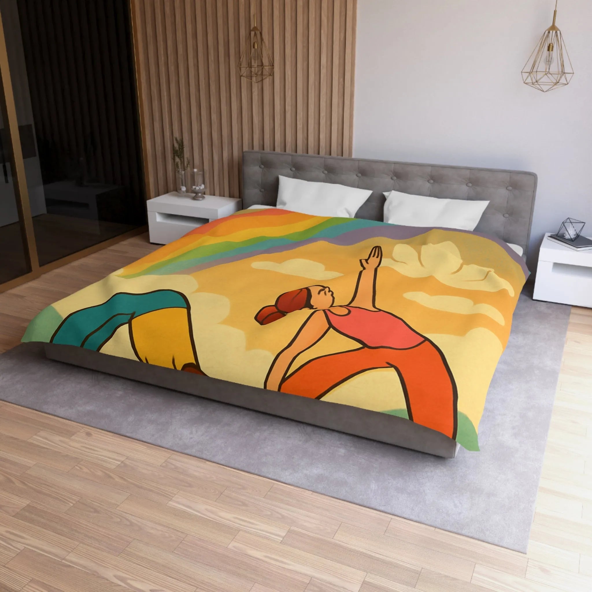 Housse De Couette Enfant Avec Arc-en-Ciel Coloré Et Personnages Pratiquant Le Yoga Énergique