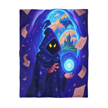Housse de couette magique bleu nuit avec sorcier et château fantastique étoilé mystérieux