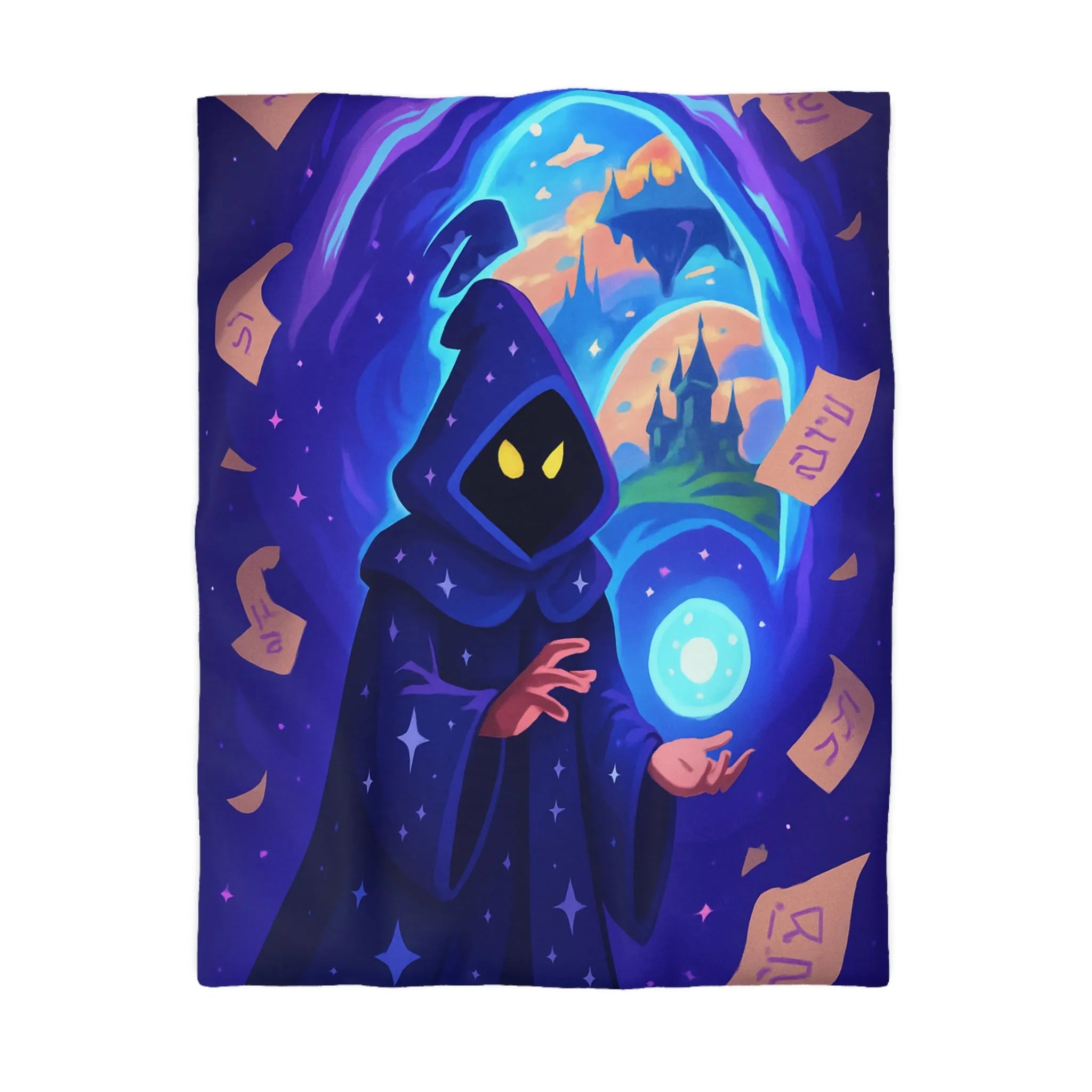 Housse de couette magique bleu nuit avec sorcier et château fantastique étoilé mystérieux