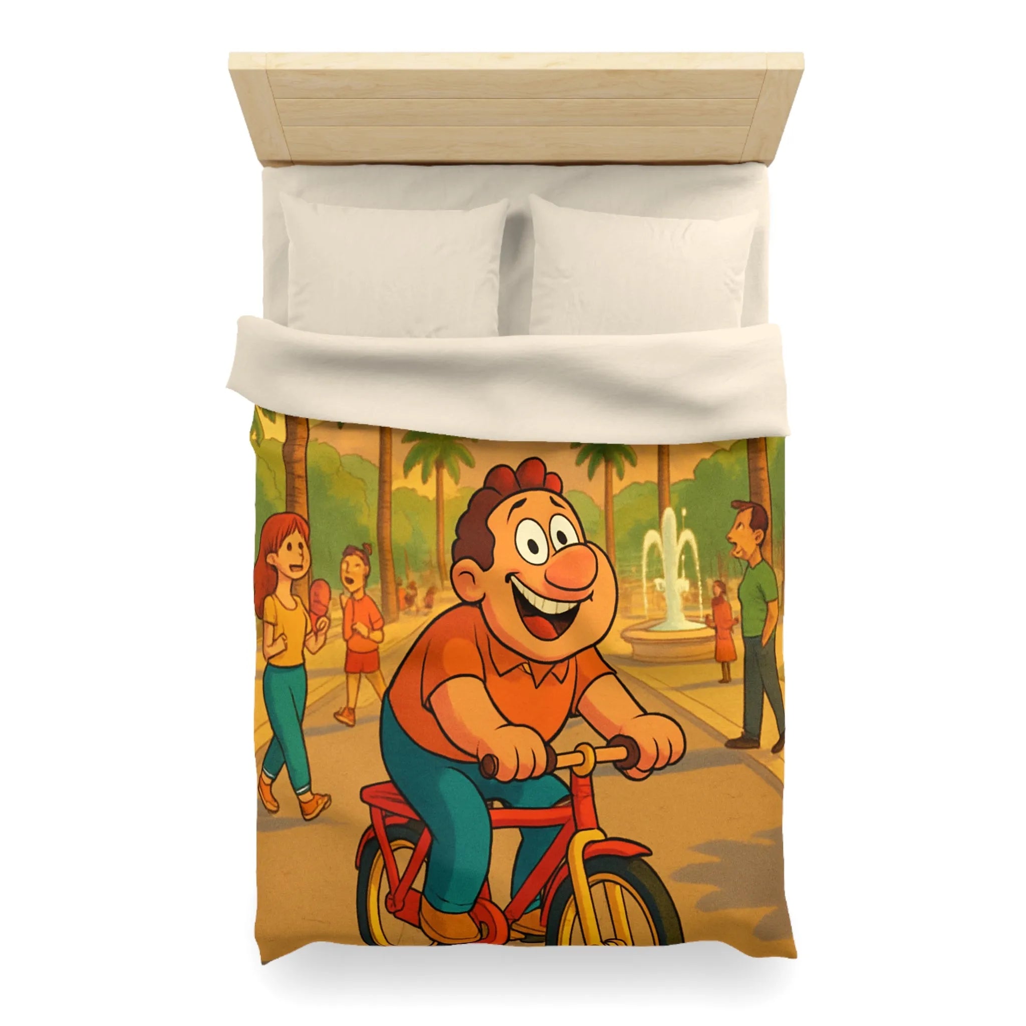Housse de Couette Cartoon Joyeuse avec Cycliste dans un Parc Tropical et Fontaine