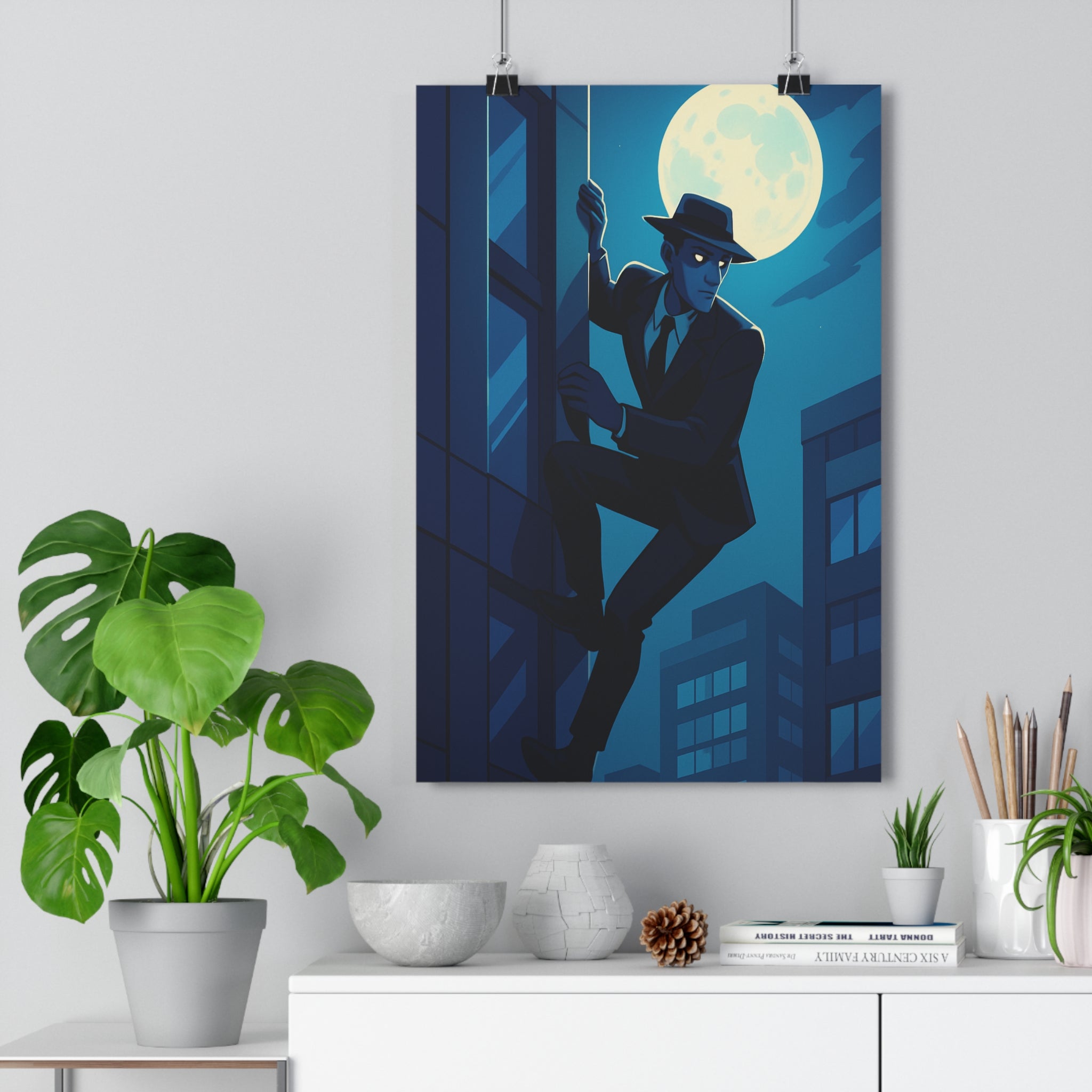 Poster décoratif homme élégant costume monochrome bleu cartoon mystérieux film noir salon bureau 30x46