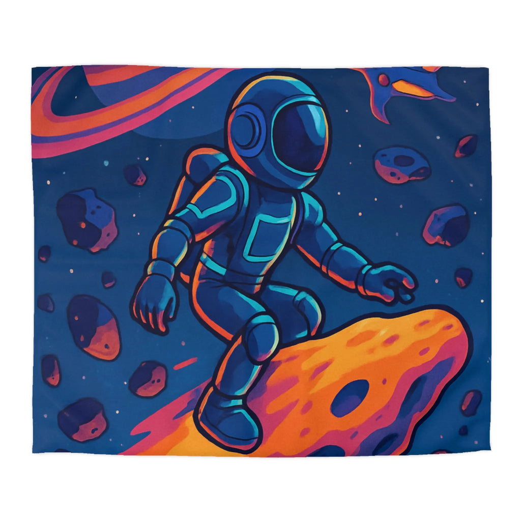 Aventure spatiale colorée avec astronaute sur météore, planète anneau et vaisseaux futuristes