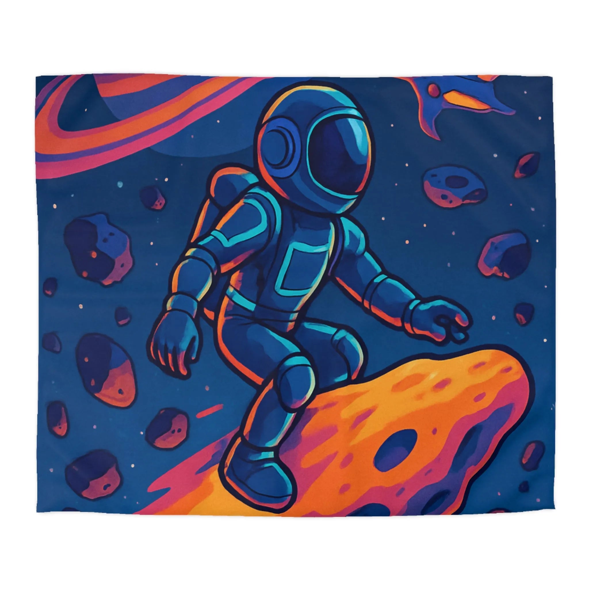 Aventure spatiale colorée avec astronaute sur météore, planète anneau et vaisseaux futuristes