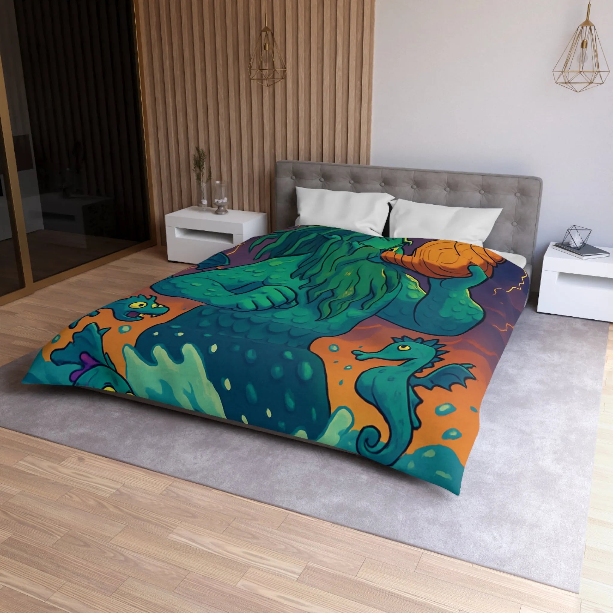 Housse de couette marine avec dessin de triton et créatures océaniques colorées enchanteurs