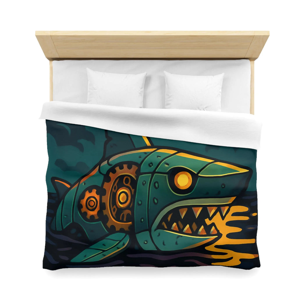 Housse de couette colorée avec requin mécanique sous lune dorée et oiseaux stylisés