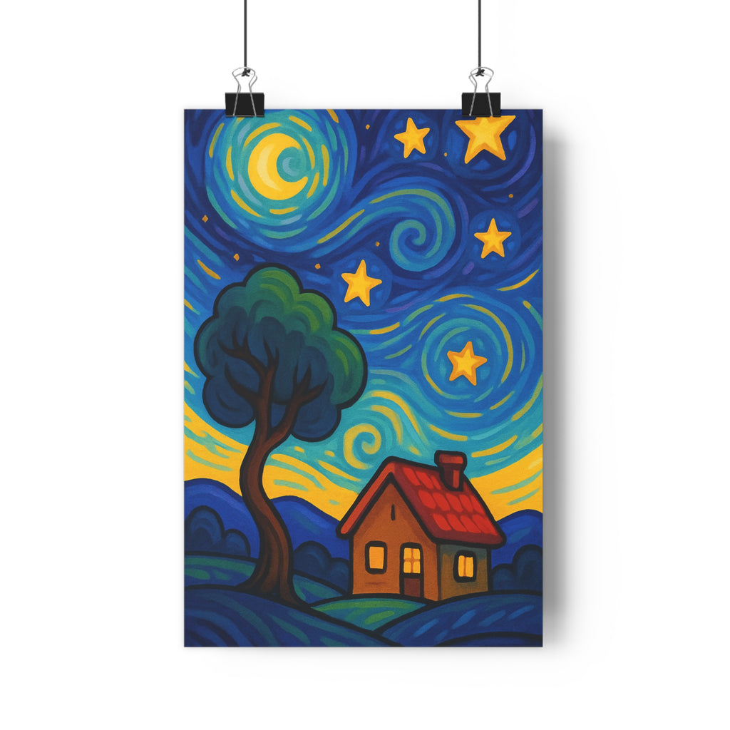 Poster décoratif dessin animé bleu jaune vert nuit étoilée chambre salon ambiance joyeuse rêveuse