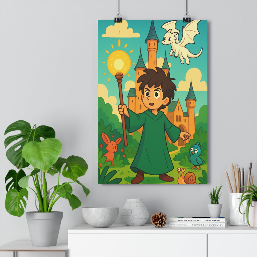 Poster décoratif sorcier enchanté lumineux dragon blanc animé magique coloré enfant joyeux chambre décoration