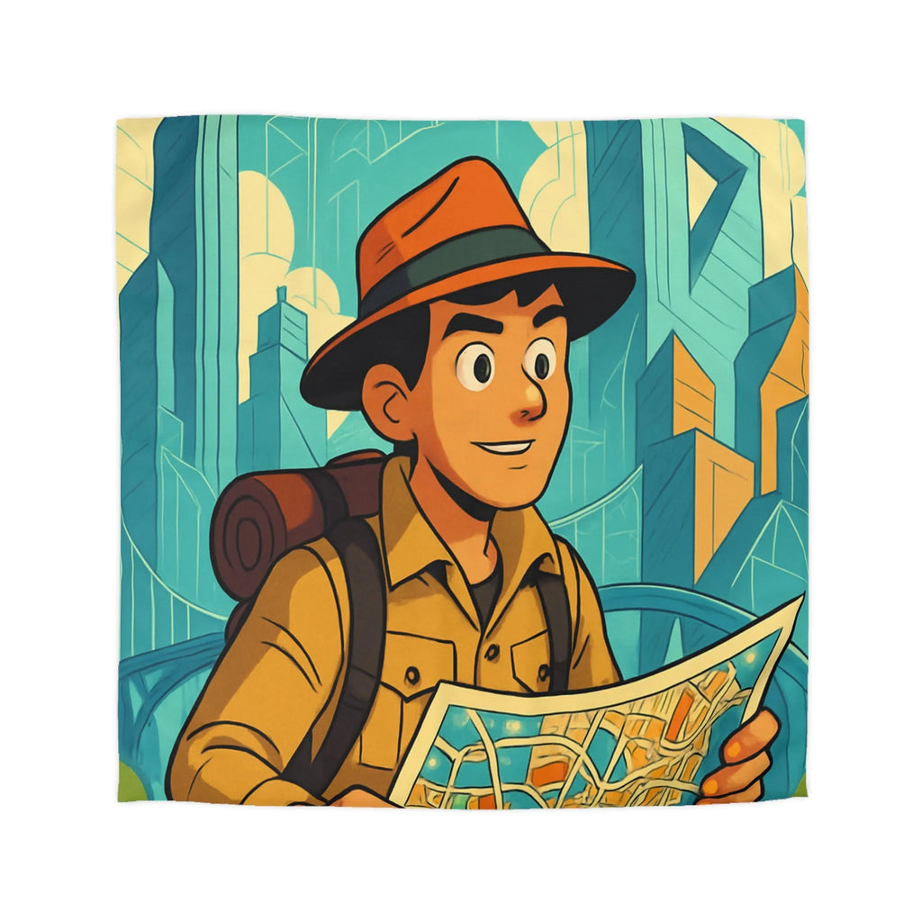 Découverte urbaine vibrante : jeune explorateur avec carte et gratte-ciels illustrés