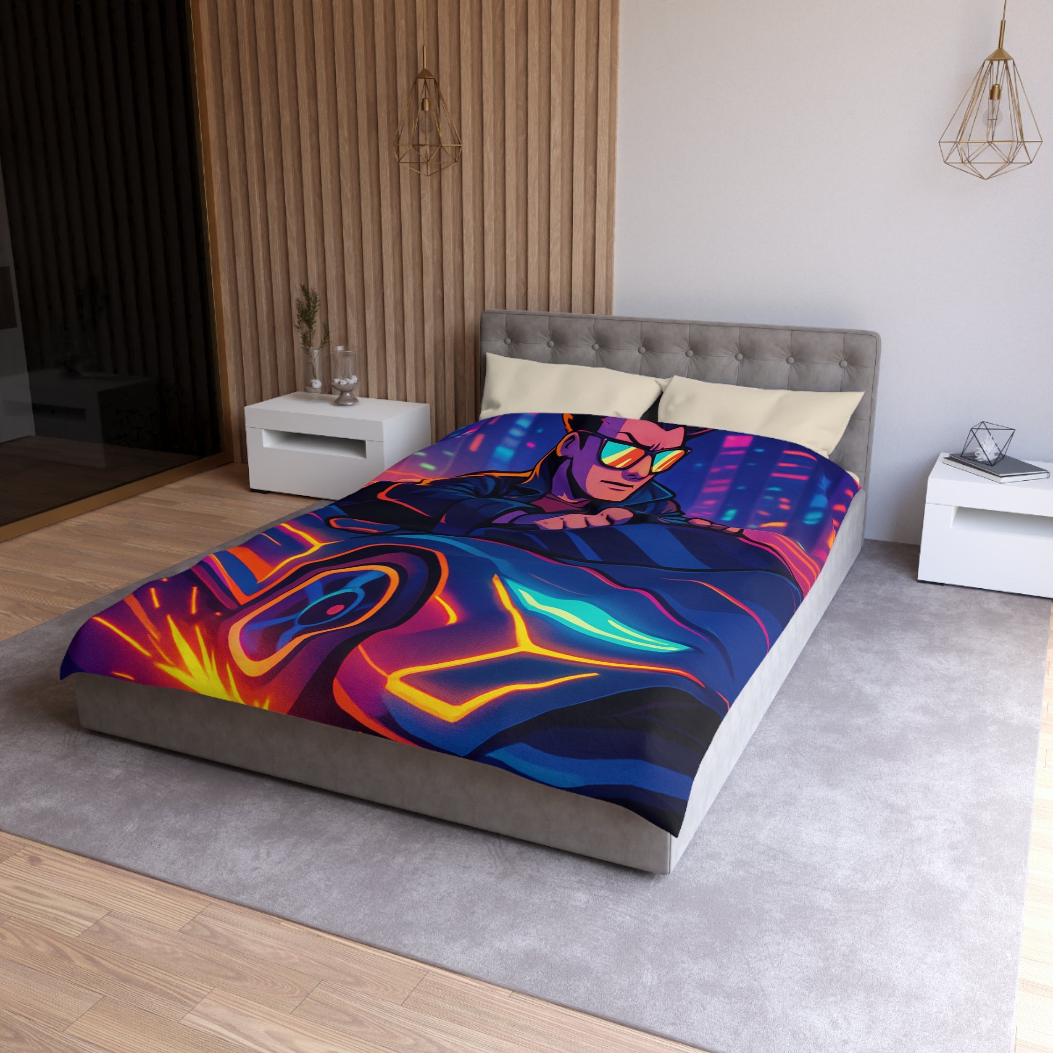 Housse de couette urbaine rétro futuriste avec néons et voiture sportive élégante