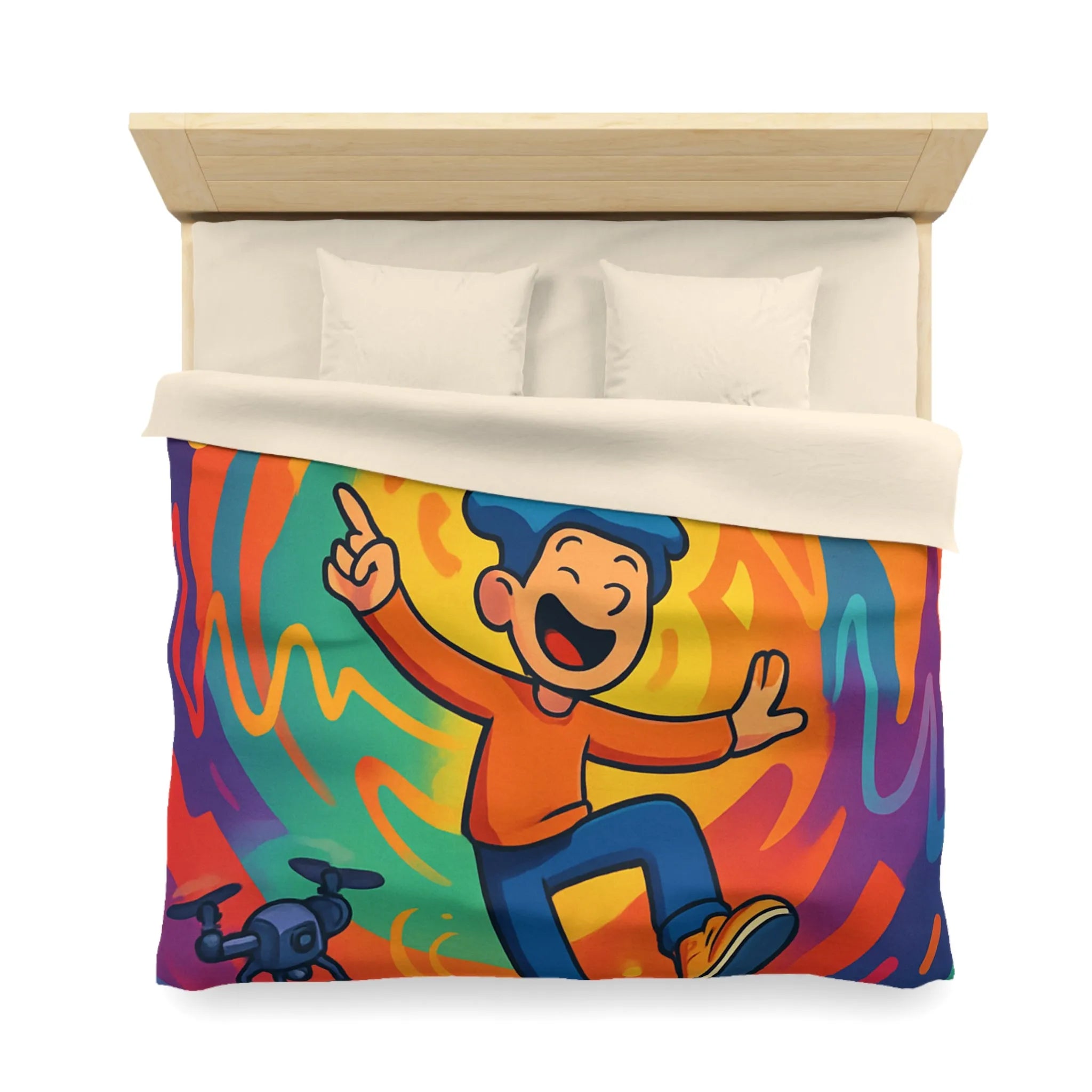 Housse de couette colorée avec personnage joyeux et drones volants autour des ondes
