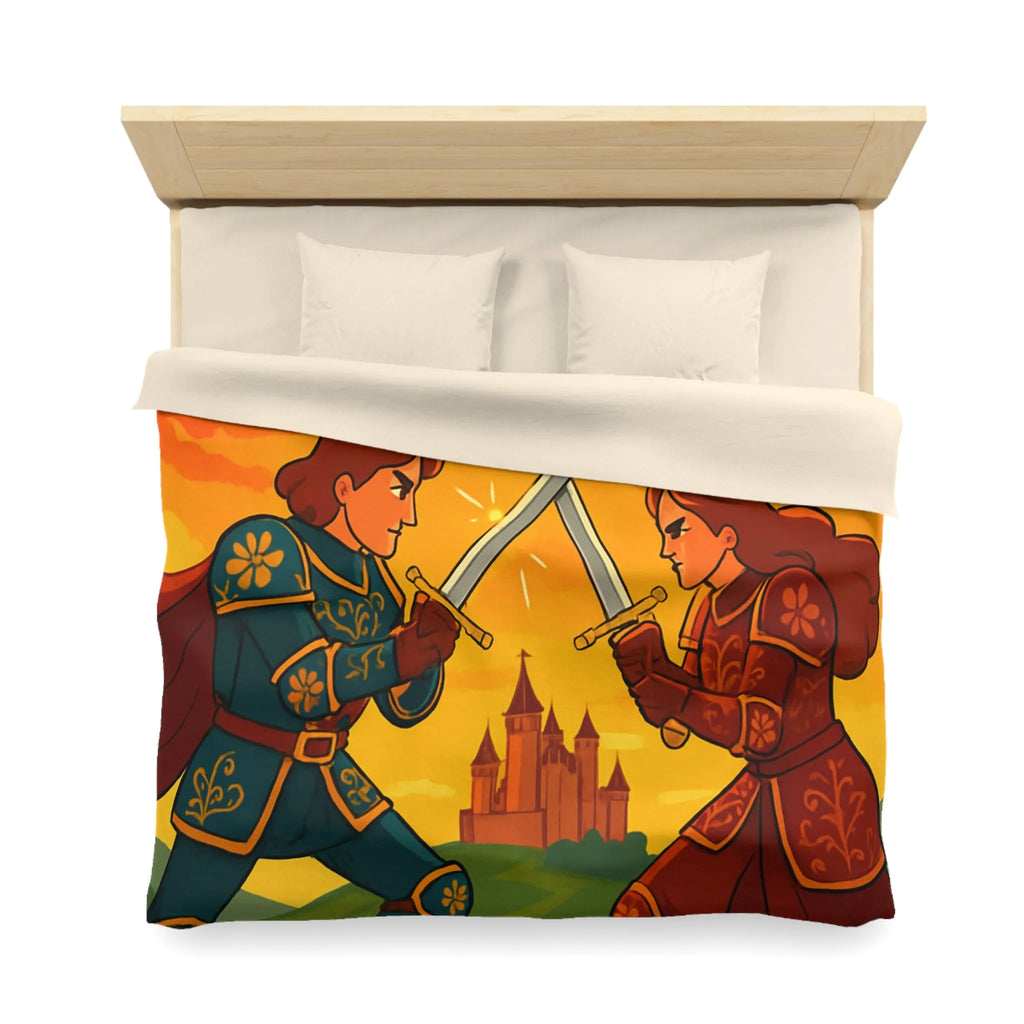 Épique housse de couette avec chevaliers médiévaux, châteaux et ciel flamboyant