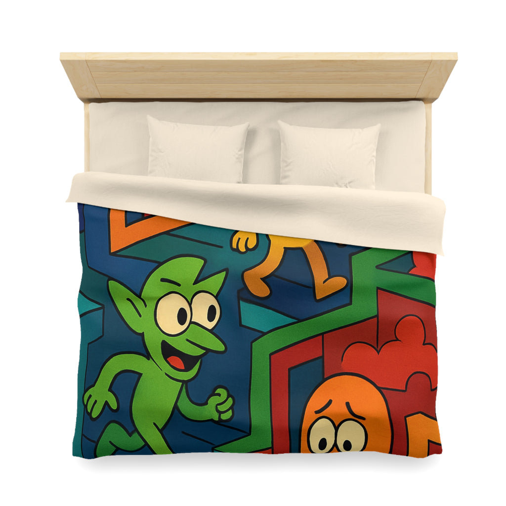 Housse de couette multicolore avec labyrinthes et personnages fantaisistes en motifs géométriques