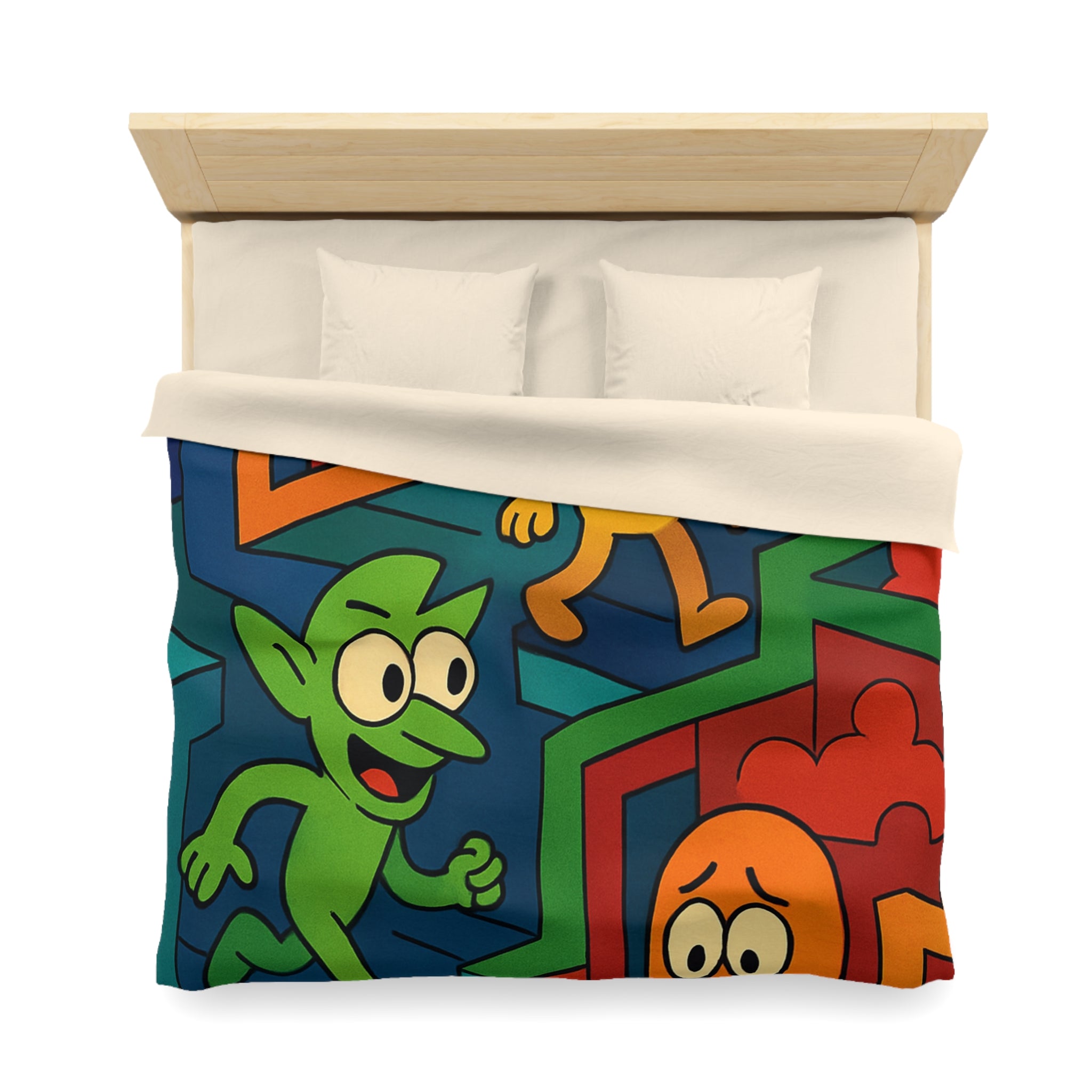 Housse de couette multicolore avec labyrinthes et personnages fantaisistes en motifs géométriques