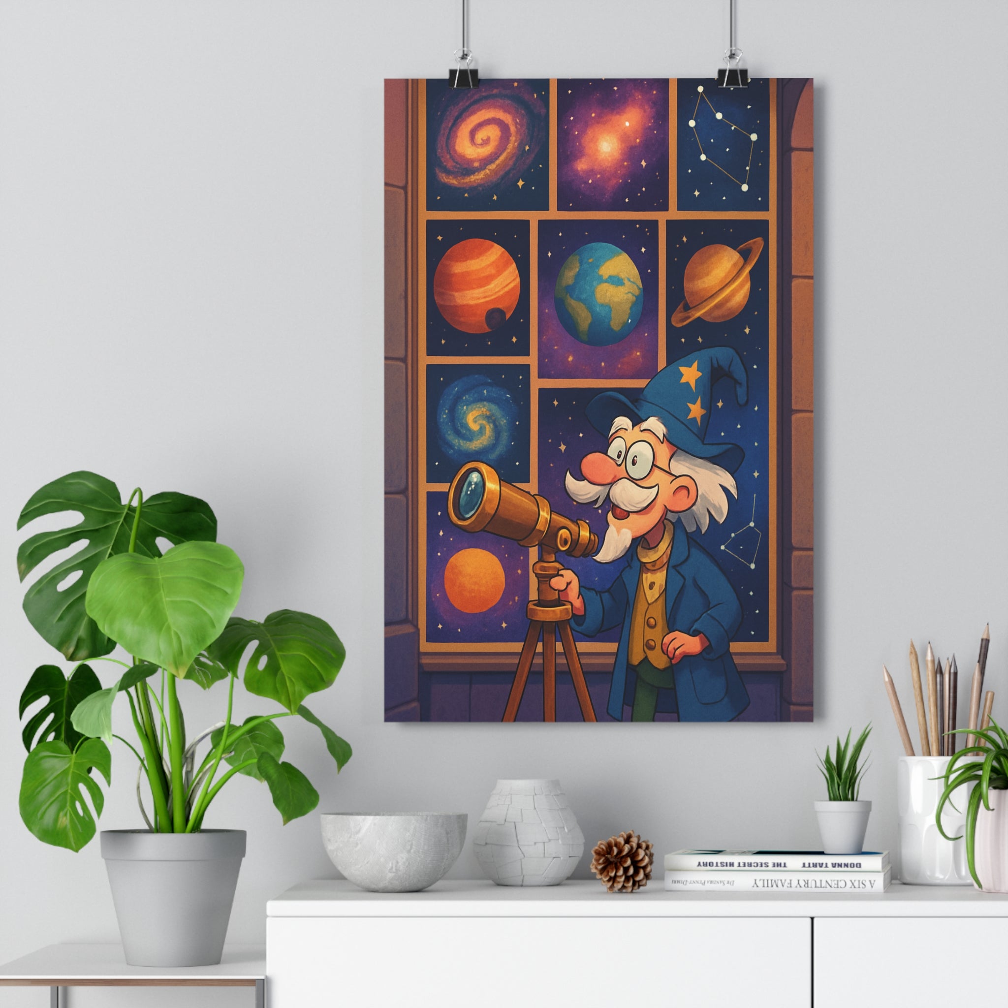 Poster décoratif cartoon astronome étoiles bleu orange chambre enfant joyeux cosmique planètes constellations galaxies