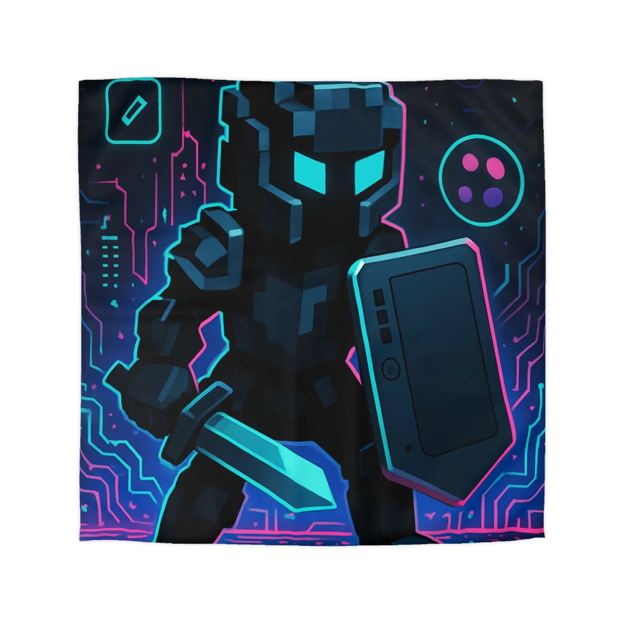 Housse de Couette avec Guerrier Pixel Art et Éléments Numériques Lumineux Nocturnes