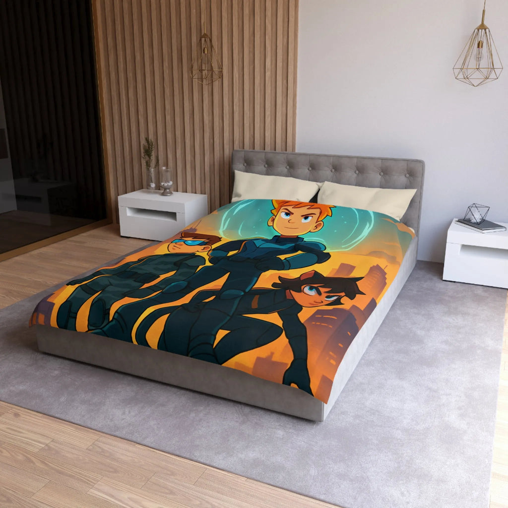 Ensemble d'aventure animé avec enfants héros sur fond urbain au crépuscule