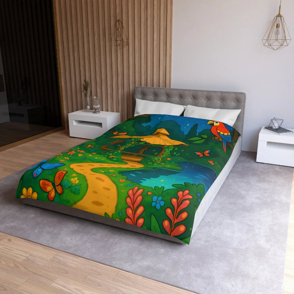 Housse de Couette Illustrée, Forêt Tropicale Nocturne avec Oiseaux et Papillons Colorés