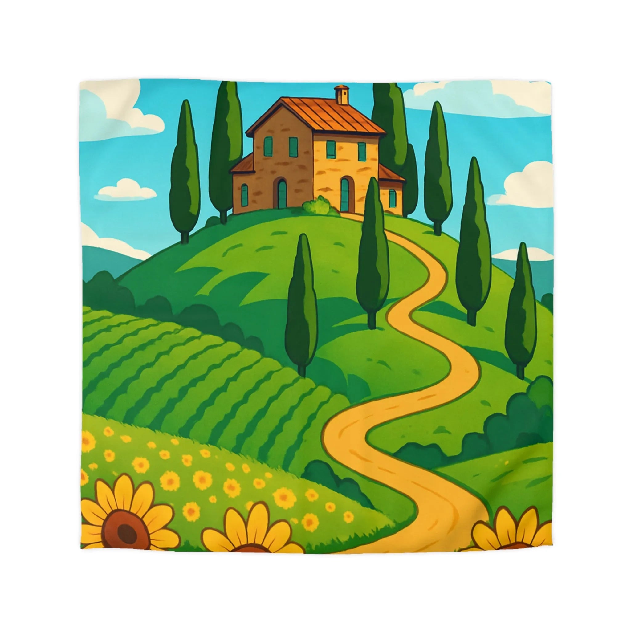Décoration champêtre colorée : housse de couette avec maison et tournesols vibrants
