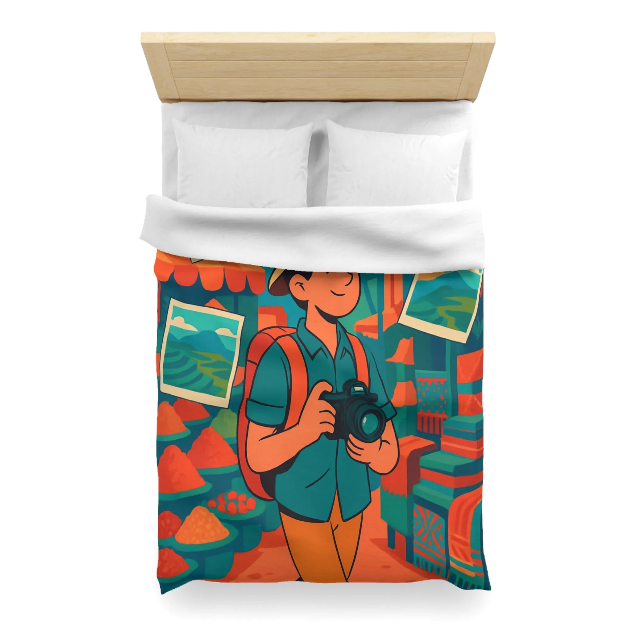Housse de Couette Colorée avec Voyageur Photographiant un Marché Animé et Vibrant