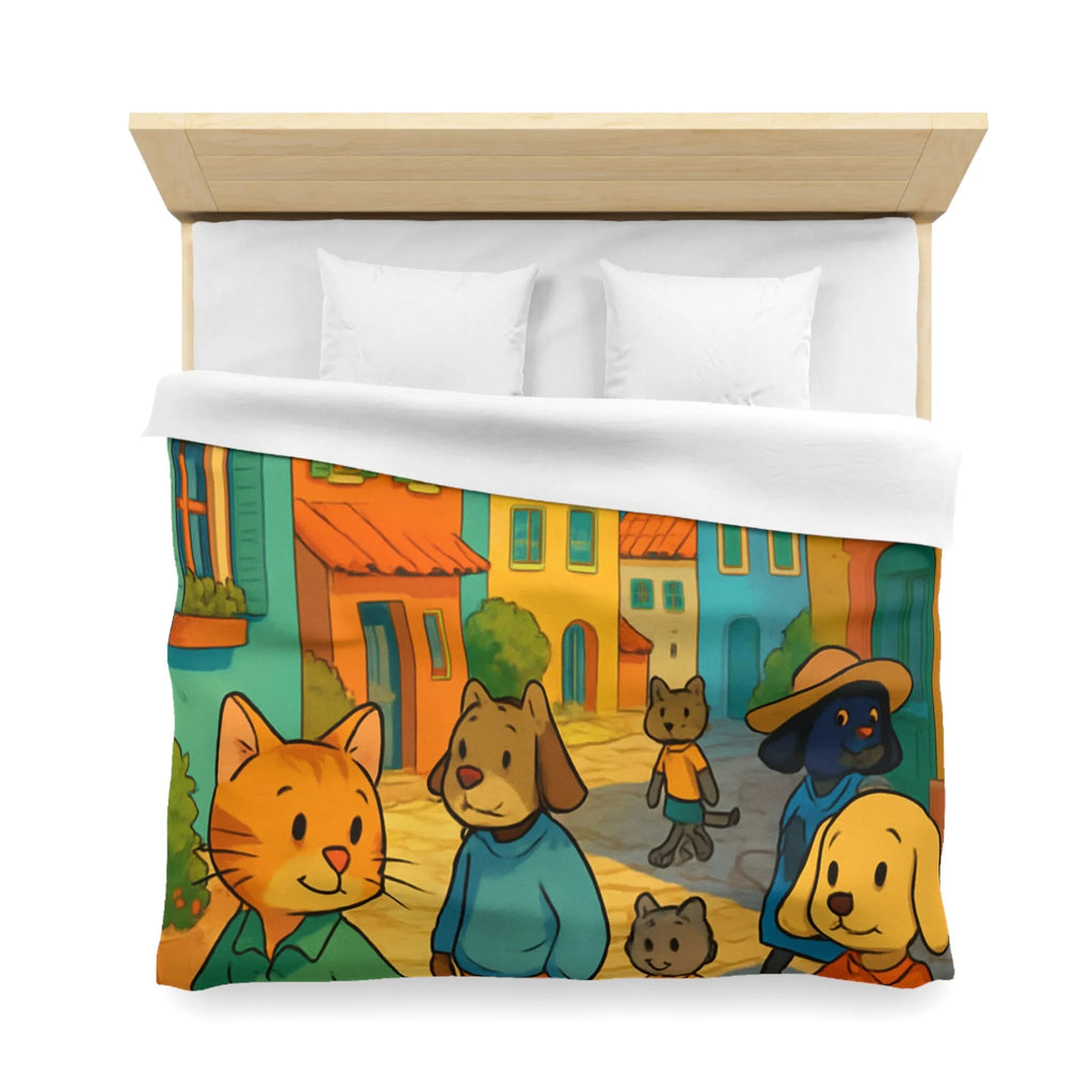 Housse de Couette Colorée avec Animaux Anthropomorphes et Lighthouse sur Rue ensoleillée