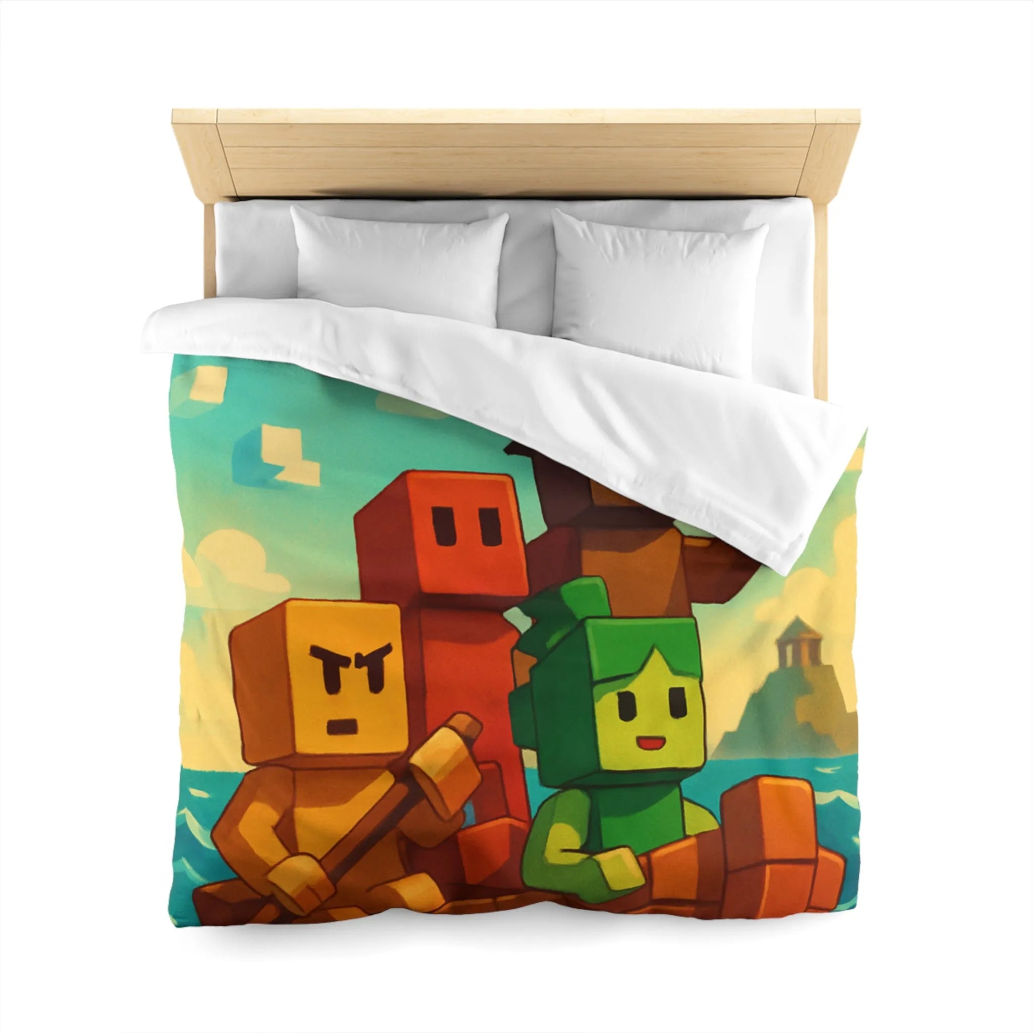 Housse de couette colorée avec personnages pixelisés sur un bateau en mer agité