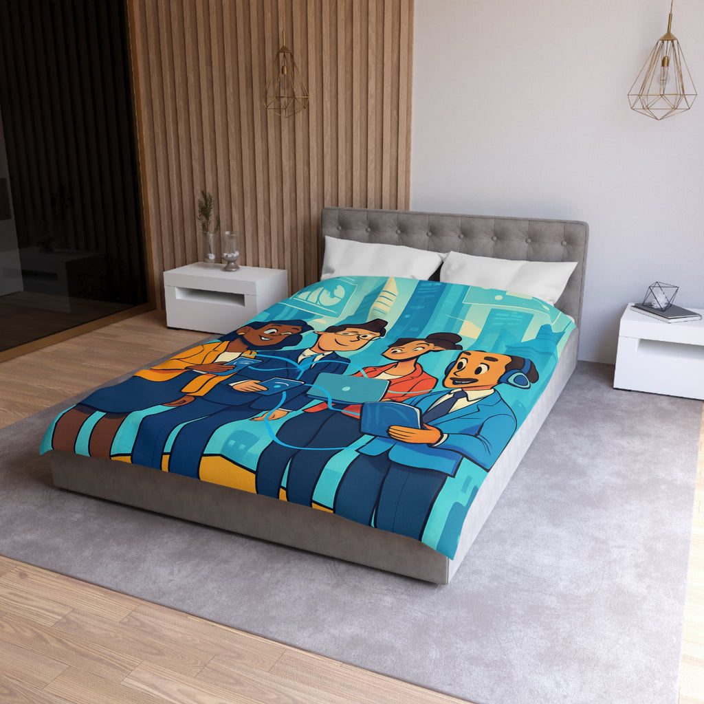 Housse de couette moderne illustrant équipe collaborative en milieu urbain technologique