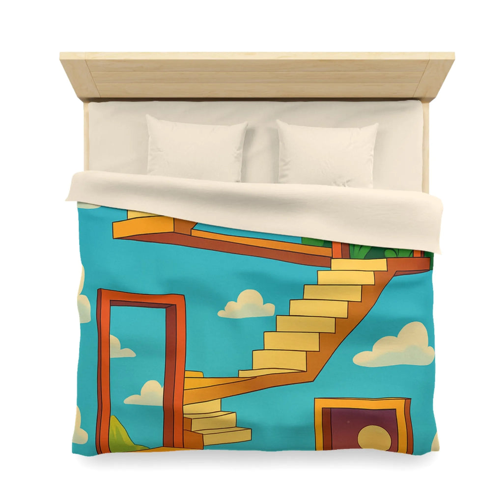 Housse de couette avec escaliers infinis et paysage surréaliste, ciel étoilé